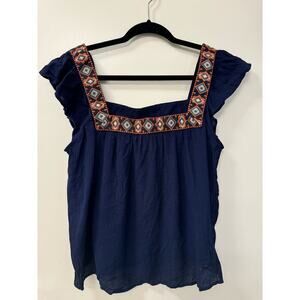 Xhilaration Large Navy Short Flutter Sleeve Gauze Square Neckline Top